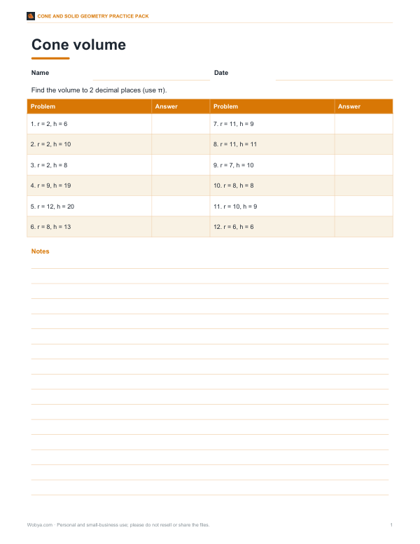 Preview of Printable Cone Volume Worksheet